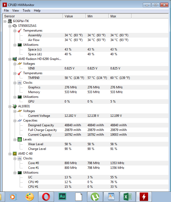 Hardware values in the HWMonitor program